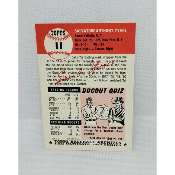 Vintage Sal Yvars 1953 Topps Archives Baseball Card #11 Reprint Collectible - Picture 3 of 5